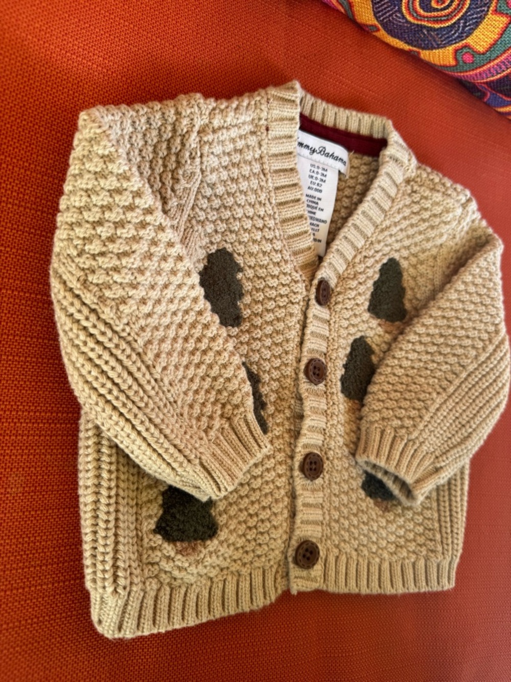 Tommy Bahama Kids Cream Knit Cardigan with Green Pine Tree Patches Unisex 0-3M - Picture 4 of 9
